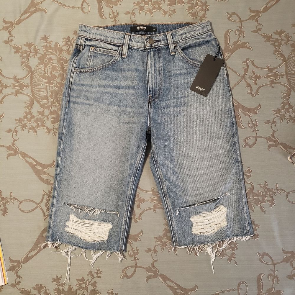 Hudson Sloane Long Cut Off Distressed High Waisted Blue Jean Shorts Size 25